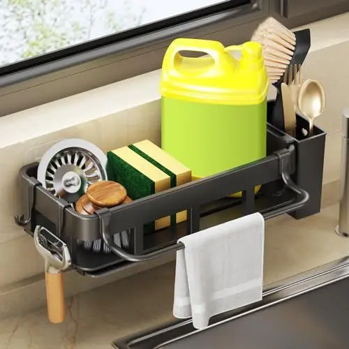 Produktbild: CASONNIK Multifunktionaler Spülbecken-Behälter, Schwammhalter für Küchenspüle, rostbeständig, große Kapazität, Küchenspüle, Organizer für Schwamm, Lappen, Spülbürsten, Waschmittel und Seife