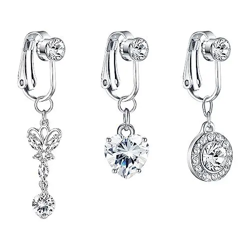 Produktbild: CASSIECA 3 Stück Fake Bauchnabelpiercing für Damen - Silber Schmetterling Herz Mond Clip On Piercing