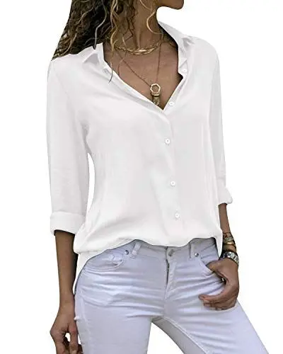 Produktbild: Cassiecy Damen Bluse Chiffon Elegant V-Ausschnitt Langarm Casual Oberteile Hemd Lose Langarmshirt Tops (M, Weiß)