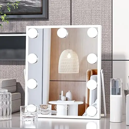 Produktbild: CASSILANDO 9 LED Birnen Hollywood Kosmetikspiegel mit Lichtern, Hollywood Make-up Spiegel, Kleiner Eitelkeits beleuchteter Spiegel mit 3-Farben-Beleuchtungsmodi, Smart Touch Control, weiß