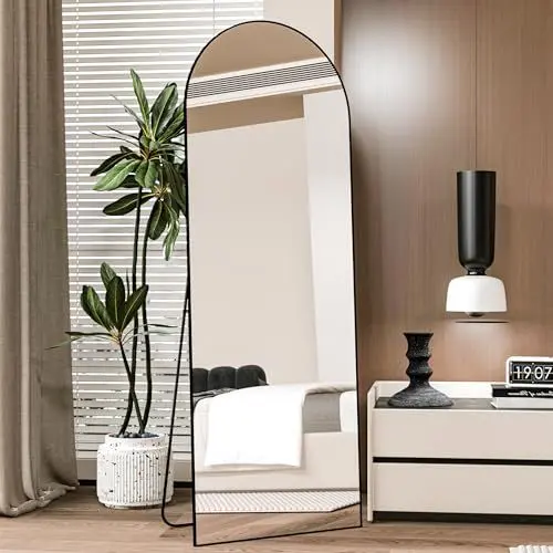 Produktbild: CASSILANDO Bogen Ganzkörperspiegel 162×53cm Bodenspiegel, Rahmen aus Aluminiumlegierung Standspiegel, Ganzkörperspiegel mit Ständer Groß Wandspiegel im Schlafzimmer, Ankleidezimmer Spiegel (Schwarz)