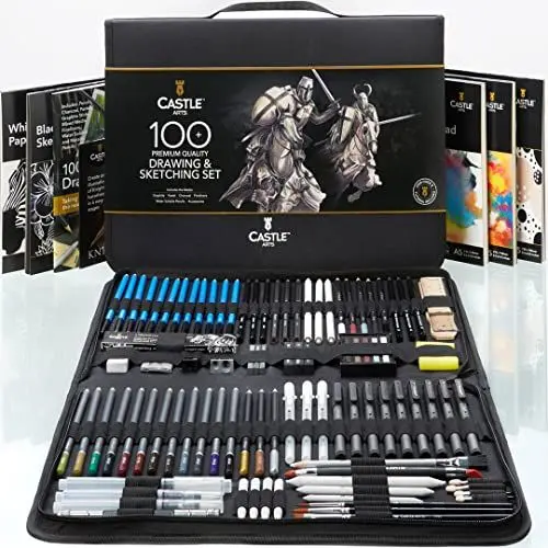 Produktbild: Castle Art Supplies 100-teiliges Zeichen-/Skizzier-Set | Grafit, Kohle, Pastell, Metallic, wasservermalbare Stifte mit Stäbchen, Fineliner | Für Berufskünstler, erfahrene Künstler | Robustes Reiseetui