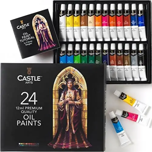 Produktbild: Castle Art Supplies 24 x 12ml Ölfarben-Set | Günstiges Set für Anfänger und Profikünstler | Leuchtende Auswahl an leicht zu verarbeitenden Farben | Eindrucksvolle Präsentationsbox mit Anleitung