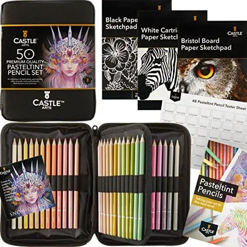 Produktbild: Castle Art Supplies 48-teiliges Pastellstifte-Set mit Extras | Farben in sanfte, satte Töne | Für professionelle und erfahrene Künstler | Übersichtliches, robustes Reißverschlussetui