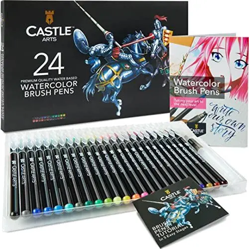 Produktbild: Castle Art Supplies Aquarell-Pinselstiftset | 24 lebendige Farben, mit flexiblen Nylonspitzen | Malen, Zeichnen, Lettering für erfahrene Künstler und Anfänger | Reiseetui mit extra Wasserpinsel Stift