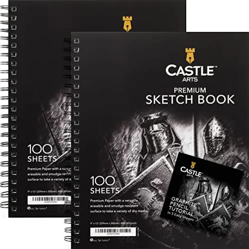 Produktbild: Castle Art Supplies Premium-Skizzenbücher 9in x 12in | Skizzenblock-Doppelpack | 200 Blätter Qualitätspapier 90 gsm | Für erfahrene und neue Künstler | Flexible Spiralbindungen