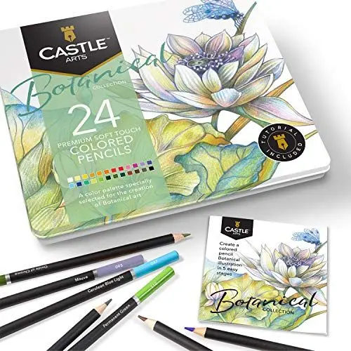Produktbild: Castle Arts Themed 24 Buntstiftsets in Blechdose, perfekte Farben für 'Botanisch'. Mit hochwertigem, glattem Farbkern, hervorragender Misch- und Überlagerungsleistung für großartige Ergebnisse…