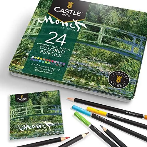 Produktbild: Castle Arts – 24 themenorientierte Buntstifte in einer Metallkiste, für Kunstwerke à la Monet. Hochwertige, weiche Spitzen – ideal zum Vermischen & Schaffen von Dimension für zauberhafte Ergebnisse