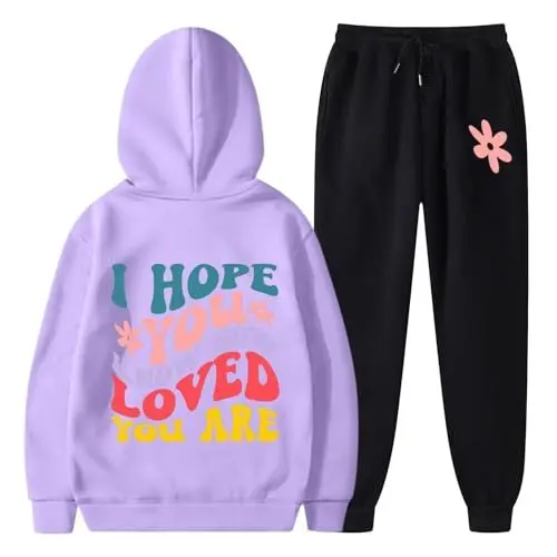 Produktbild: Casual Damen Kleidung Damen Preppy Graphic Hoodie Sweatsuits 2-teiliges Outfit Süßes Kapuzenpullover und Jogginghose Trainingsanzug Sets Teenager Mädchen Damen Hose Weites Bein (Purple, M)