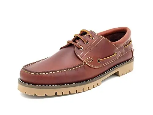 Produktbild: Casual Herren Bootsschuhe Leder Segelschuhe Rahmengenähte Commando Sohle Echtleder Schnürsenkel Mokassin Cognac braun EU 45