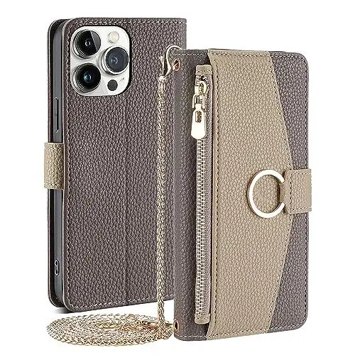Produktbild: CasurvivePro Brieftaschenetui für Samsung Galaxy S23 Ultra 5G mit Umhängegurt, magnetische Handtaschen-Reißverschlusstaschenhüllen PU-Leder stoßfest Flip-Cover mit Ständer hülle S23 Ultra Grau