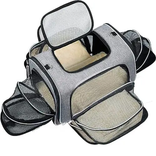 Produktbild: Erweiterbare Katzen-Transporttasche, 4-seitig öffnbar, Flugzeug-genehmigt, Für Katzen & Kleine Hunde, Auto, Flugzeug, Bahn, Faltbar, Weiches Fleece-Bett, 45x28x28cm, Reisefreundlich & Sicher