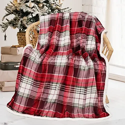 Produktbild: Catalonia Büffel Plaid Kariert Sherpa Decke, Wende Superweiche Warme Bequeme Flockige Kuscheln-Mikrovlies-Plüsch Würfe für Bettwäsche Couchsofa Fernsehapparat 150x130 cm, Tratan Rote
