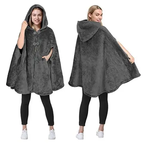 Produktbild: Catalonia Classy Damen-Poncho mit Geparden-Kunstpelzkragen, Fleece-Mantel, weicher, Warmer, kuscheliger Umhang, Geschenkidee für Erwachsene und Teenager-Mädchen