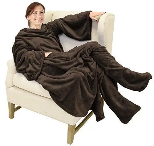 Produktbild: Catalonia Classy Decke mit Ärmeln und Fußtasche Geschenk für Frauen Herren, Flauschig Fleece Tragbare Kuscheldecke mit Ärmeln, Warm Decke zum Anziehen Ärmeldecke Erwachsene, 190 x 135 cm Braun