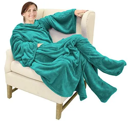 Produktbild: Catalonia Classy Decke mit Ärmeln und Fußtasche Geschenk für Frauen Herren, Flauschig Fleece Tragbare Kuscheldecke mit Ärmeln, Warm Decke zum Anziehen Ärmeldecke Erwachsene, 190 x 135 cm Grün