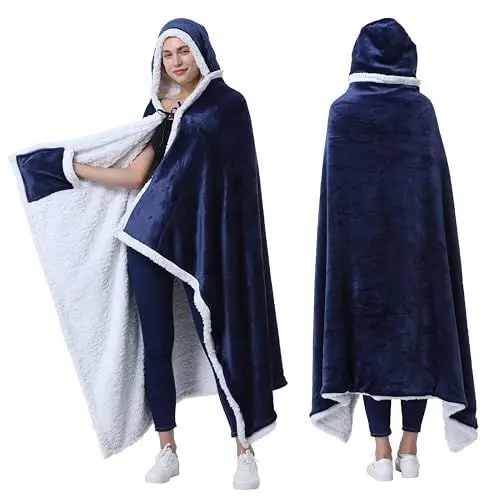 Produktbild: Catalonia Classy Decken-Poncho mit Kapuze | Tragbare Kuscheldecke mit Eingrifftaschen | Bequemer Sherpa-Fleece-Überwurfsumhang für Kinder und Erwachsene