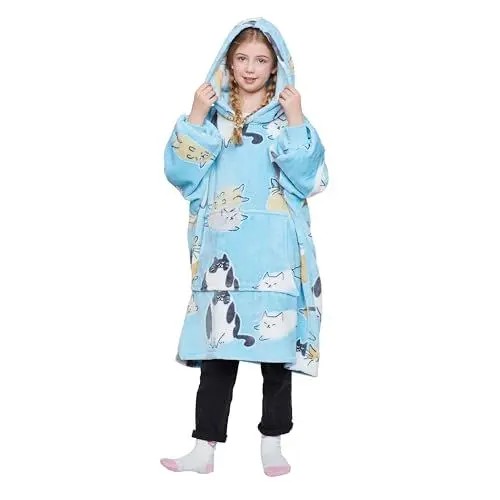 Produktbild: Catalonia Classy Im Dunkeln leuchten Kinder Kapuzendecke, Weiches Flauschiges Fleece-Sweatshirt, Warme Tragbare Decke, Kuscheliger Pullover Hoody für Jungen Mädchen Kinder Pre-Teen, Katze Blau