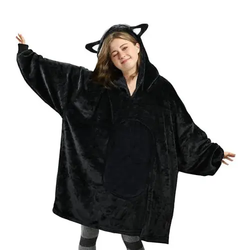 Produktbild: Catalonia Classy Katze Oversize Hoodie Decke, Warme Kuscheldecke Geschenk für Damen Frauen Jugendliche, Super Weich Deckenpullover Ärmeldecke -Decke Zum Anziehen mit Ärmeln und Kapuze