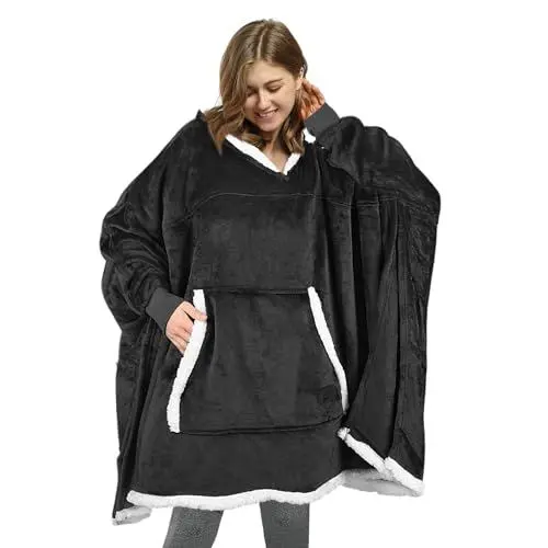 Produktbild: Catalonia Classy Poncho Tragbare Decke, warme Geschenke für Frauen, übergroße Kapuzendecke, weicher, komfortabler Riesen-Hoody, Schwarz