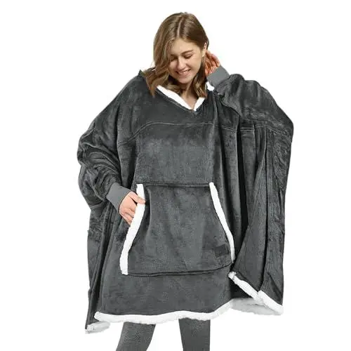Produktbild: Catalonia Classy Poncho Tragbare Decke, warme Geschenke für Frauen, übergroße Kapuzendecke, weicher, komfortabler Riesen-Hoody, Grau