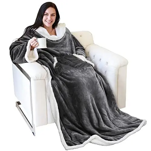Produktbild: Catalonia Classy TV-Decke Kuscheldecke Ganzkörperdecke mit Ärmeln und Taschen zweiseitige Decke Microplush Fleece Sherpa Warme Decken Geschenk für Erwachsene Frauen Männer 185cm x 140cm, Geschenkidee