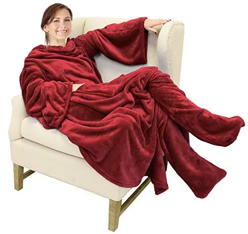 Produktbild: Catalonia Classy Decke mit Ärmeln und Fußtasche Geschenk für Frauen Herren, Flauschig Fleece Tragbare Kuscheldecke mit Ärmeln, Warm Decke zum Anziehen Ärmeldecke Erwachsene, 190 x 135 cm Wein