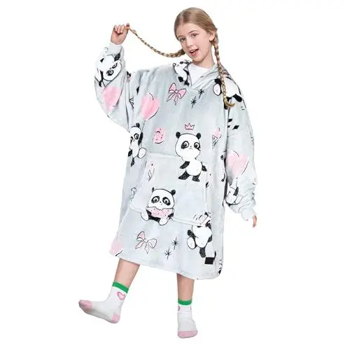 Produktbild: Catalonia Classy Übergroße Fleece Hoodie Decke, Weiche und Warme Decken Hoodie Kinder, Tragbare Decke with Großer Fronttasche für Teenager, Mädchen und Jungen, Grauer Panda