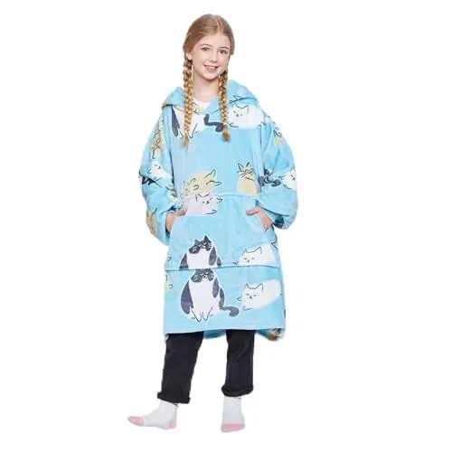 Produktbild: Catalonia Classy Übergroße Fleece Hoodie Decke, Weiche und Warme Decken Hoodie Kinder, Tragbare Decke with Großer Fronttasche für Teenager, Mädchen und Jungen, Blaue Katze