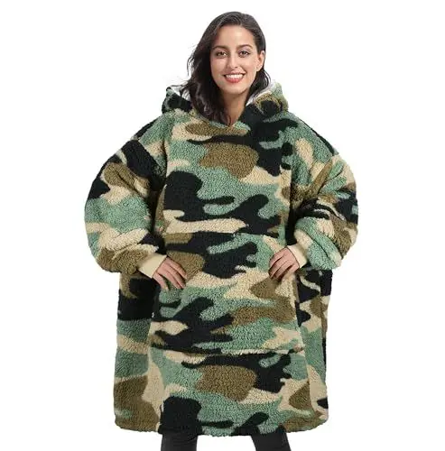 Produktbild: Catalonia Classy Übergroße Sherpa Camouflage Hoodie Decke, Flauschige Warme Oversized Kuscheldecke mit Ärmeln und Kapuze, Tragbare Decke zum Anziehen als Geschenkidee für Damen Herren