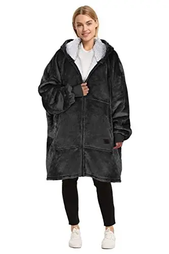 Produktbild: Catalonia Classy Übergroße Sherpa Hoodie Decke mit Reißverschluss und Kapuze, Flauschige Warme Oversized Kapuzenpulli Kuscheldecke, Tragbare Decke zum Anziehen als Geschenkidee für Damen Herren