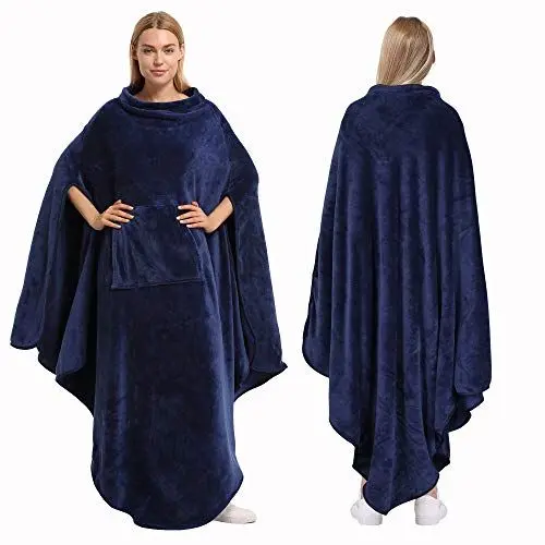 Produktbild: Catalonia Classy Warmer Tragbarer Poncho Decke, Große Weiche Flauschige Decke, Wrap Throw Cape mit Tasche, Kuschelige Komfort Geschenke für Erwachsene Frauen Männer, Marine