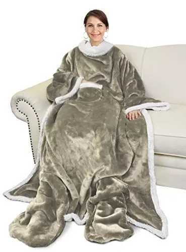 Produktbild: Catalonia Classy Flauschig Decke mit Ärmeln und Fußtasche Warm Geschenk für Frauen Herren Weihnachten, Flauschige Sherpa Kuscheldecke mit Ärmeln, Wohndecke zum Anziehen Erwachsene, 190 x 135 cm Kamel