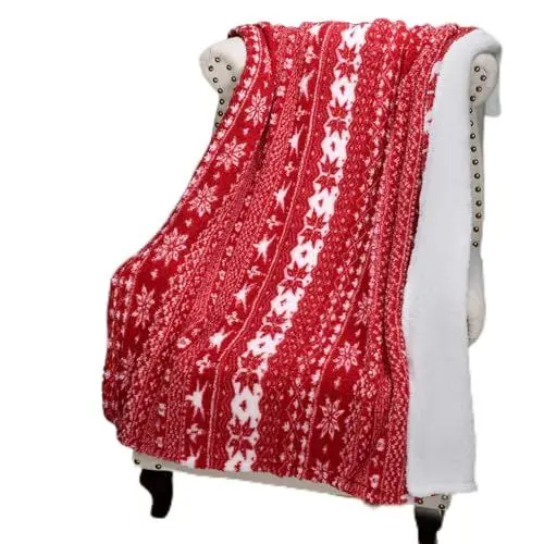 Produktbild: Catalonia Weihnachten Sherpa Decke, super weiche warme Flauschige Bequeme Schneeflocke Decken Wendbare Plüsch Fleece Weihnachten Thema wirft Sofadecke Kuschel Couchdecke, 150x130cm, rot