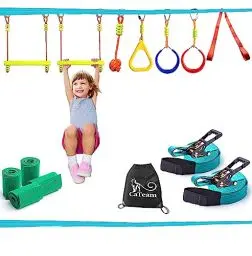 Produktbild: Cateam Ninja Slackline Set, hindernisse für Kinder - 15m, hangelparcour Kinder Outdoor mit Monkey Bars, Trainingsgeräte Geschenkset für Kinder - Ninja Parcours Kinder