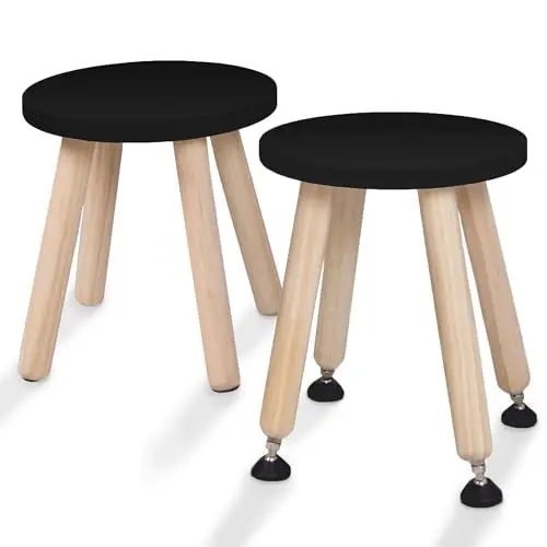 Produktbild: Cateam Tritthocker aus Holz für Kinder und Kleinkinder – 2er-Set – Schwarz – Kinderhocker mit ausziehbaren Beinen – sensorischer Tischhocker – runder Sitzhocker für Kinder mit Nivellierfüßen