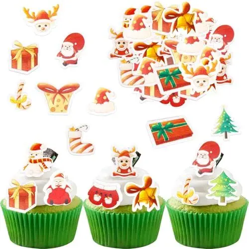 Produktbild: Catelves Essbare Tortendeko Weihnachten - 48 Stück Kuchen Deko, Cupcake Topper, Esspapier Muffin Deko, Cake Topper für Weihnachten