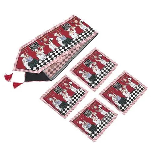 Produktbild: CATIEBYE 5stücke Retro Tischdecken Teilig Gewebte Tischläufer Und Platzsets Für Stilvolle Tischdekoration Für Esszimmer Garten Und Besondere Anlässe Waschbar Und Langlebig