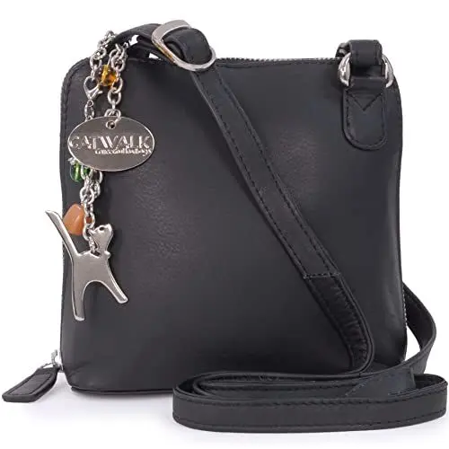 Produktbild: Catwalk Collection Handbags - Damen Leder Umhängetasche - Crossbody Bag/Handtasche Klein - Verstellbarer Schultergurt - LENA - Schwarz