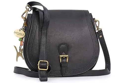 Produktbild: Catwalk Collection Handbags - Damen Leder Umhängetasche - Crossbody Bag/Handtasche Mittelgroß - Verstellbarer Abnehmbarer Gurt - Isabella - Schwarz
