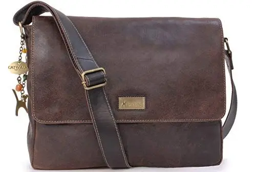 Produktbild: Catwalk Collection Handbags - Leder Laptoptasche 14 15 Zoll - Umhängetasche Messenger Bag Groß - Arbeitstasche für Notizbuch A4 - Sabine - Braun