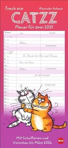Produktbild: Catzz Planer für zwei 2025: Lustiger Wandplaner für zwei. Partnerkalender mit 2 Spalten. Terminkalender mit witzigen Cartoon-Katzen. Wandkalender für 2 Personen.