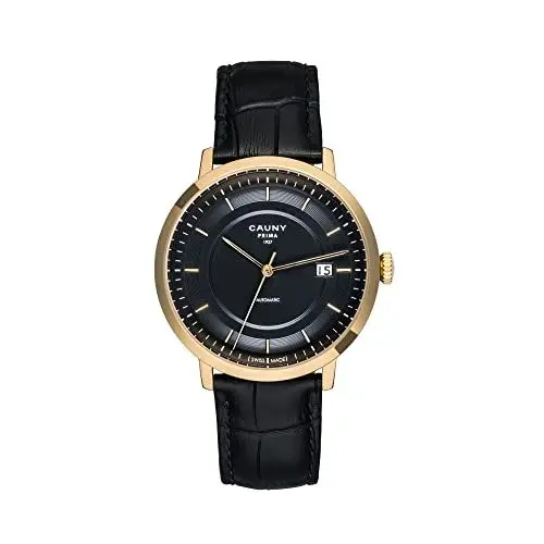 Produktbild: Cauny - Uhr für Herren - Analoguhr - Prima Automatic Black Gold - Swiss Made Uhrwerk - Lederarmband - 3-Stunden-Funktion mit Datumsanzeige - 10 ATM - Hergestellt aus Hochpräzisen 316L Stahl