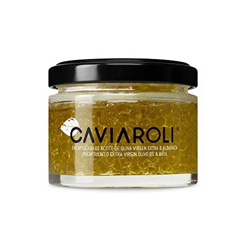 Produktbild: Caviaroli - Perlen aus Nativen Olivenöl Virgen Extra mit Basilikum Aroma - Gourmet Olive Oil in Caviar Form für Dressing oder Garnierung - 50 g