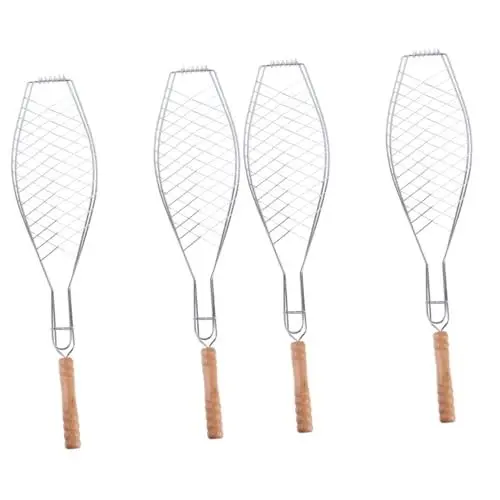 Produktbild: CAXUSD 4 Stück Grillnetzklemme mit Holzgriff fischgrillzange Outdoor Grill Kleiner Grillkorb gegrillte Fischnetze Abs Camping zubehör Gitternetz aus Eisen mit Holzgriff Grillrost hölzern