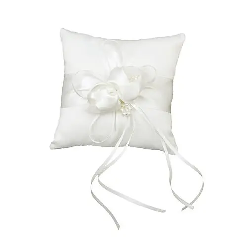 Produktbild: CAXUSD Hochzeit Ringkissen 15x15cm Weiß Mit Blütenknospen & Kunstperlen Braut Zeremonie Kissenträger Mit Bändern Elegante Hochzeitsdeko