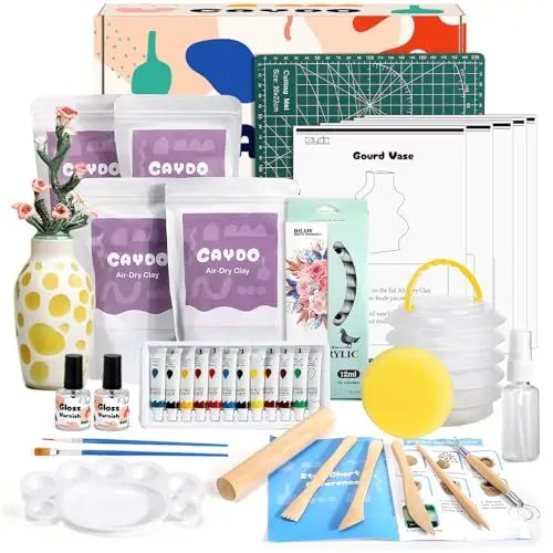 Produktbild: Caydo 2KG Töpferset für Anfänger mit lufttrocknendem Ton, Töpferwerkzeug, Anleitung, Acrylfarben, Selbsttrocknender Ton Diy Set Erwachsene Keramik Bemalen Set