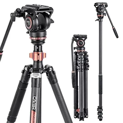 Produktbild: Cayer CF2451 67 Zoll Kohlefaser-Videostativ mit Fluid Drag Head, kompaktes 4-teiliges DSLR-Stativ, umwandelbar in Einbeinstativ, für Canon Nikon Sony DSLR-Kamera