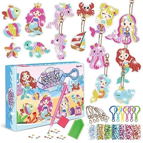 Produktbild: CAYUDEN Diamond Painting Anhänger Set, 15 Stück DIY Diamond Schlüsselanhänger Ornamente 5D Meerjungfrau Diamant Schlüsselanhänger Diamond Keychains Gem Anhänger für Kinder 8-12 Jahren Mädchen