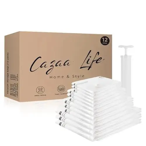 Produktbild: Cazaa Life Vakuumbeutel für Kleidung,Bettwäsche, 12Stck, 3Jumbo80x100cm, 3XL60x80cm, 3L50x70cm, 3M40x60cm, Pumpe, 24Etiketten, wiederverwendbar, Reise